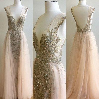 V-neck Beaded Long A-line Pink Tulle Sexy V-back Long Prom Dresses, PD0280