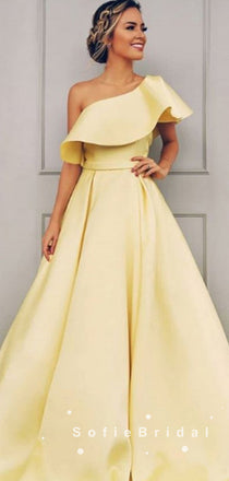 Simple A-Line One Shoulder Yellow Satin Cheap Long Prom Dresses,SFPD0008