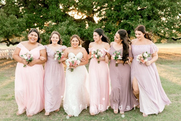 A-Line Off The Shoulder Chiffon Bridesmaid Dresses With Lace,SFWG0008