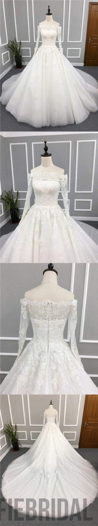 Straight Neckline Long Sleeves Elegant Wedding Dresses, Long A-line Appliques Lace Bridal Gown, WD0238
