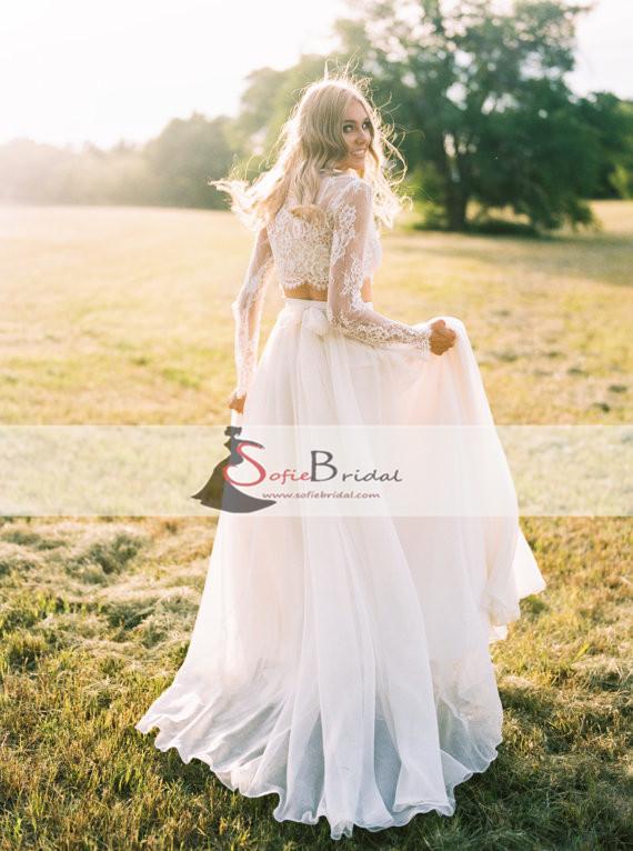 2 Pieces Lace Top Chiffon Skirt Wedding Dresses, Romantic Country Wedding Dresses, WD0267