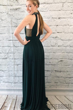 Dark Green High Neck Beaded Side Slit Prom Dresses PD0868