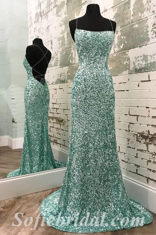 Sexy Shiny Mint Green Sequin Halter Sleeveless Criss Cross Mermaid Long Prom Dresses,SFPD0383