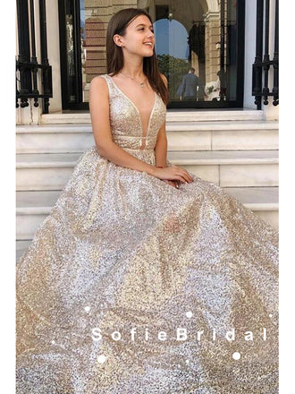 A-Line Deep V-Neck Sleeveless Cheap Long Prom Dresses Online,SFPD0081