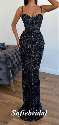 Sexy Special Fabric Spaghetti Straps V-Neck Sleeveless Mermaid Long Prom Dresses With Beading,SFPD0731