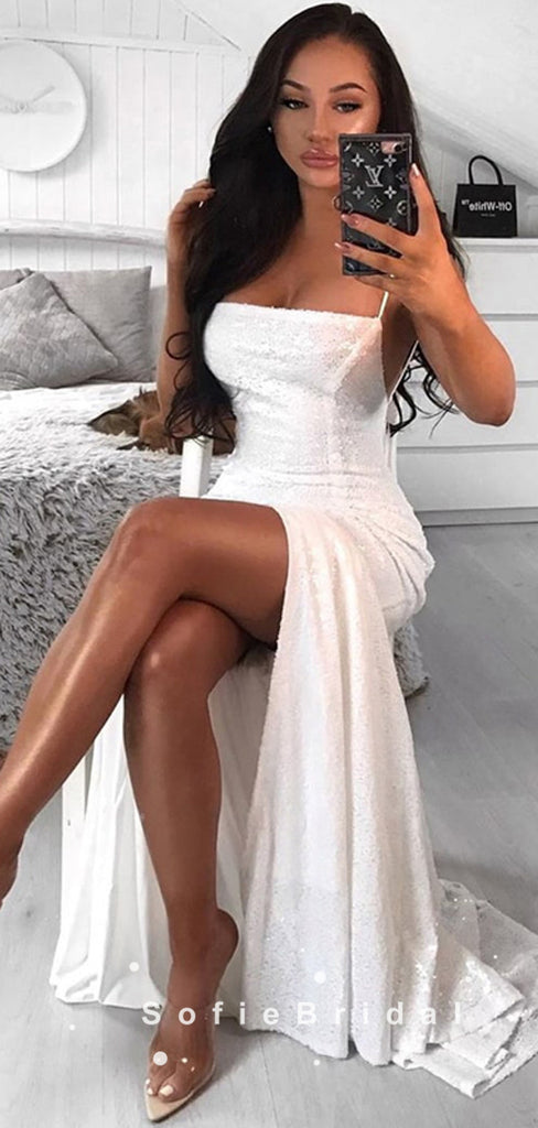 Sexy A-Line Spaghetti Straps White Long Prom Dresses With Slit,SFPD0083