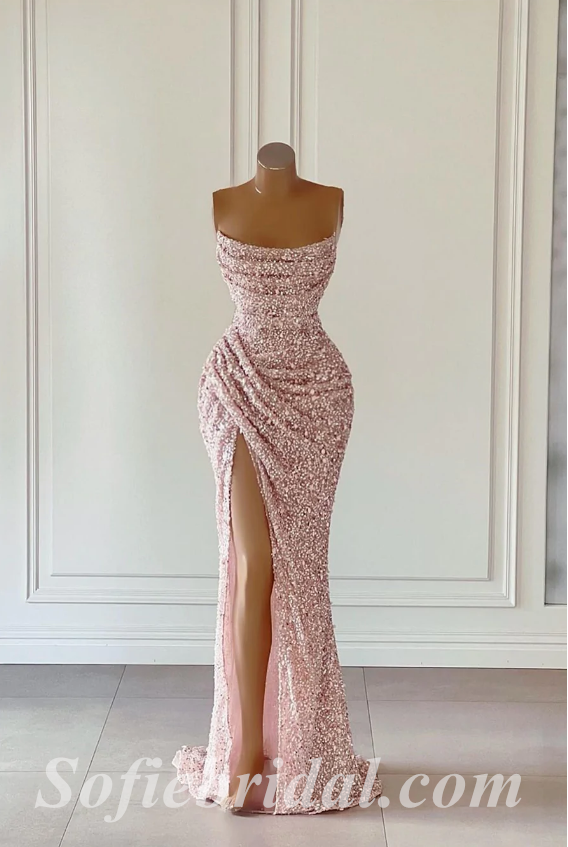 Pink sequin mermaid long 2025 prom dress