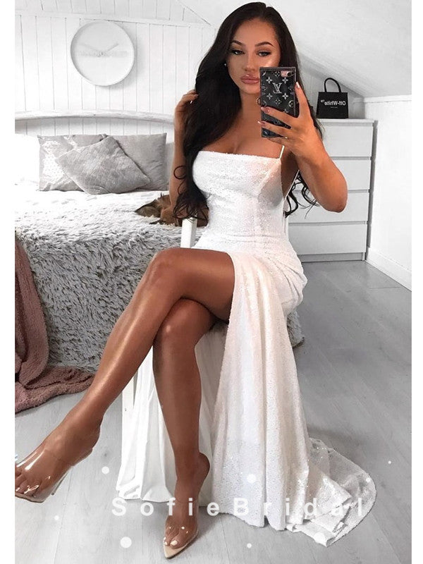 sexy white prom dress Sexy A-Line Spaghetti Straps White Long Prom Dresses With Slit,SFPD008 – SofieBridal