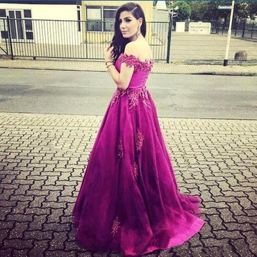 Off Shoulder Lace Long A-line Floor Length Tulle Prom Dresses, PD0254