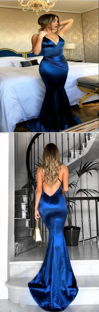 Sexy Dark Blue Satin Spaghetti Straps V-Neck Open Back Mermaid Prom Dress,SFPD0185
