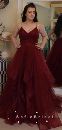 A-Line V-Neck Spaghetti Straps Burgundy Tulle Cheap Long Prom Dresses,SFPD0085