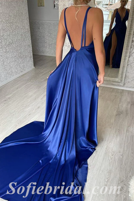 Sexy Royal Blue Satin Spaghetti Straps V-Neck Open Back Sleeveless Side Slit Mermaid Long Prom Dresses/Evening Dresses,SFPD0355