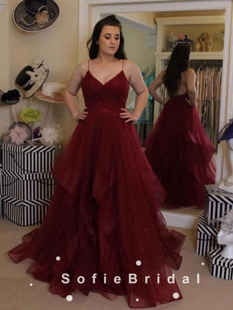 A-Line V-Neck Spaghetti Straps Burgundy Tulle Cheap Long Prom Dresses,SFPD0085