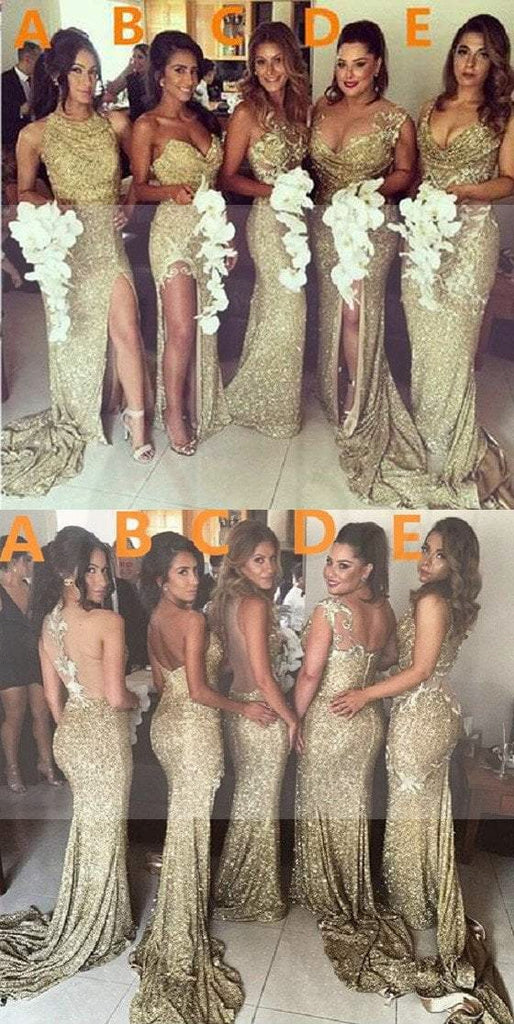 Sexy Unique Mismatched Gold Seuin Side Split Sparkly Women Long Wedding Party Dresses for Bridesmaids, WG86