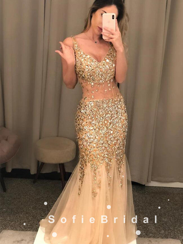 See Through Mermaid V-Neck Straps Tulle Long Prom Dresses With Beading,SFPD0086 See Through Mermaid V-Neck Straps Tulle Long Prom Dresses With Beading,SFPD0086