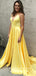 A-Line V-Neck Spaghetti Straps Yellow Satin Cheap Long Prom Dresses Online,SFPD0087
