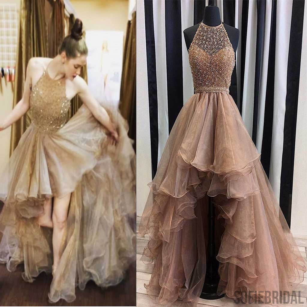 Halter Top Illusion Rhinestone Beaded Hi-low Tulle Prom Dresses, Most Popular Long Prom Dresses, PD0316