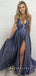 A-Line Deep V-Neck Spaghetti Straps Custom Long Prom Dresses With Slit,SFPD0088