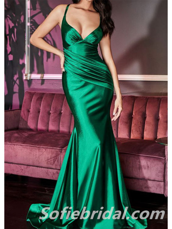 Sexy Soft Satin Strapless V-Neck Criss Cross Mermaid Long Prom Dresses With Pleats,SFPD0224