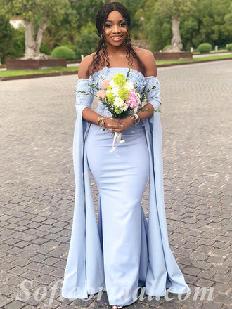 Elegant Soft Satin Off Shoulder Long Sleeve Side Slit Mermaid Floor Length Bridesmaid Dressses With Applique,SFWG00474