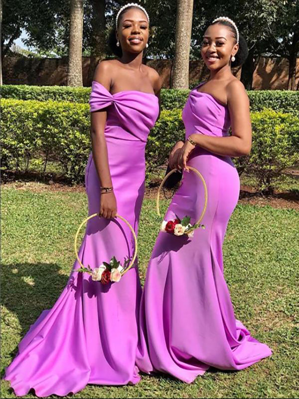 Elegant Purple Satin Off Shoulder Mermaid Bridesmaid Dresses Wedding Guest Dress, SFWG00416