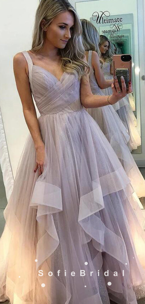 A-Line V-Neck Straps Tulle Cheap Long Prom Dresses With Pleats,SFPD0089
