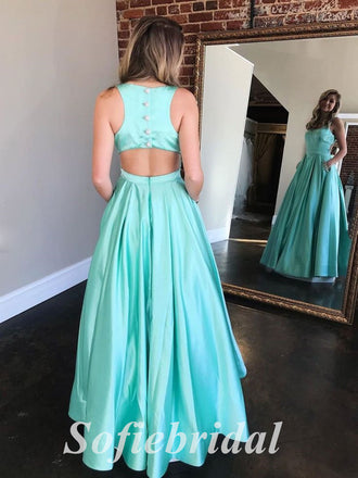 Sexy Satin Spaaghetti Straps sleeveless A-Line Long Prom Dresses With Pocket, PD0828