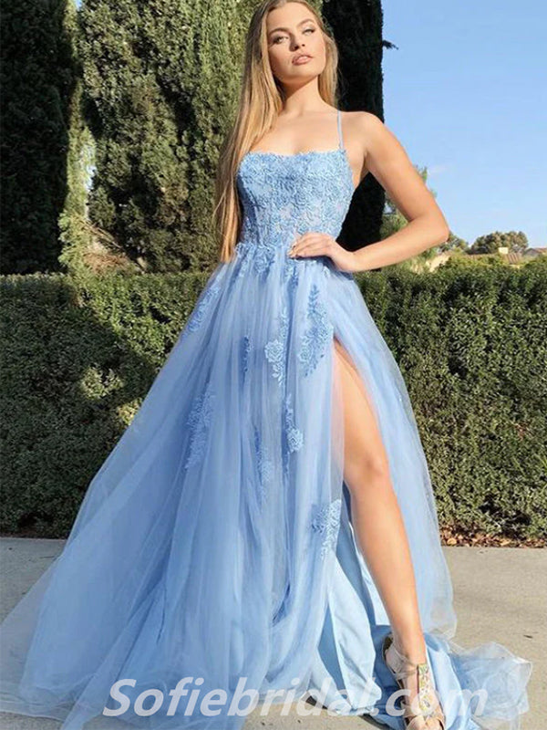Elegant Tulle Spaghetti Straps A-Line Side Slit Long Prom Dresses With Applique,SFPD0331