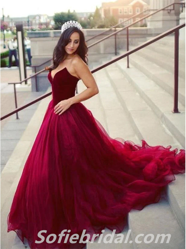 Elegant Red Velvet Top Tulle Bottom Sweetheart A-Line Long Prom Dresse SofieBridal Elegant Red Velvet Top Tulle Bottom Sweetheart A-Line Long Prom Dresse SofieBridal