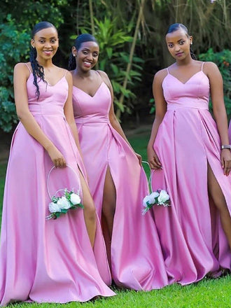 Simple Spaghetti Straps A-line Side Slit Cheap Bridesmaid Dresses,SFWG00363
