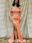 Sexy Satin Off Shoulder Long Sleeve Side Slit Mermaid Long Prom Dresses,SFPD0596