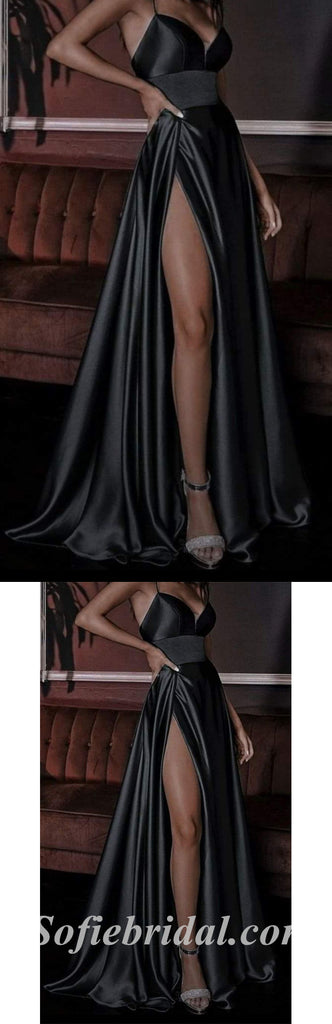 Sexy Black Satin Spaghetti Straps V-Neck Side Slit A-Line Long Prom Dresses,SFPD0478