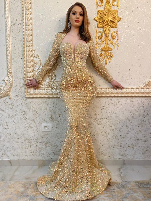 Sexy Sequin Mermaid Long Sleeve Long Prom Dresses Online,SFPD0117