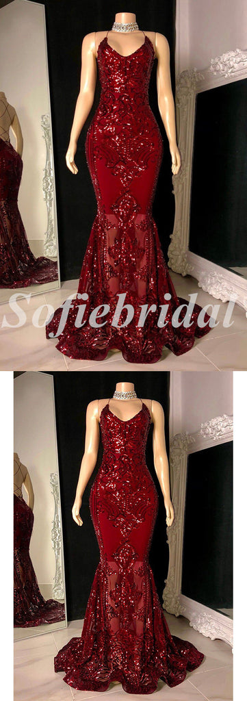 Sexy Shiny Sequin And Tulle Spaghetti Straps Sleeveless Criss Cross Mermaid Long prom Dresses,SFPD0715