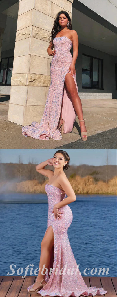 Sexy Pink Sequin Sweeetheart Sleeveless Side Slit Mermiad Long Prom Dresses,SFPD0511
