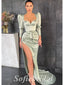 Sexy Satin Long Sleeves V-Neck Side Slit Mermaid Long Prom Dresses ,PD0765