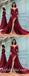 Sexy Satin Off Shoulder Deep V-Neck Long Sleeve Side Slit Mermaid Prom Dresses,SFPD0372