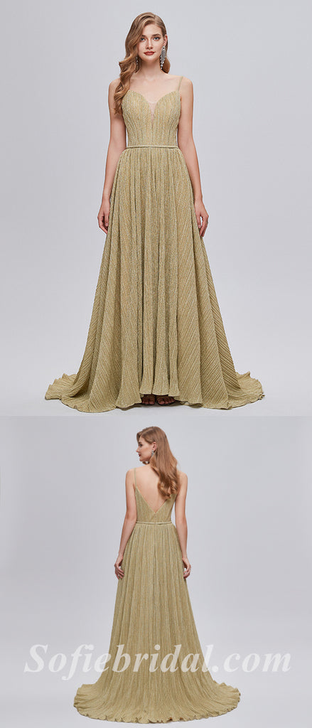 Elegant Special Fabric Spaghetti Straps V-Neck A-Line Long Prom Dresses,SFPD0351