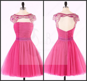 Sexy Open Back Hot Pink Beaded Cute homecoming prom dresses, CM0014
