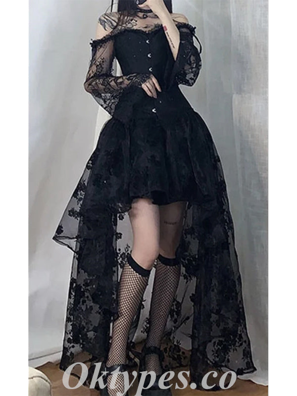 Black Satin And Lace Off Shoulder Long Sleeve High Low A-Line Prom Dre SofieBridal Black Satin And Lace Off Shoulder Long Sleeve High Low A-Line Prom Dre SofieBridal