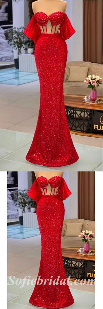 Gorgeous Red Sequin Off Shoulder Sleeveless Mermaid Long Prom Dresses,SFPD0564