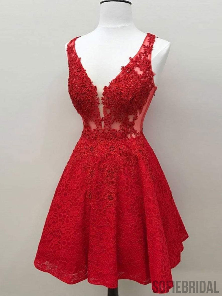 Red See Through Lace Custom Cheap Homecoming Dresses 2018, CM426