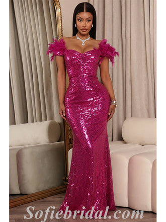 Sexy Sequin Off Shoulder V-Neck Sleeveless Mermaid Long Prom Dresses With Feather,SFPD0461