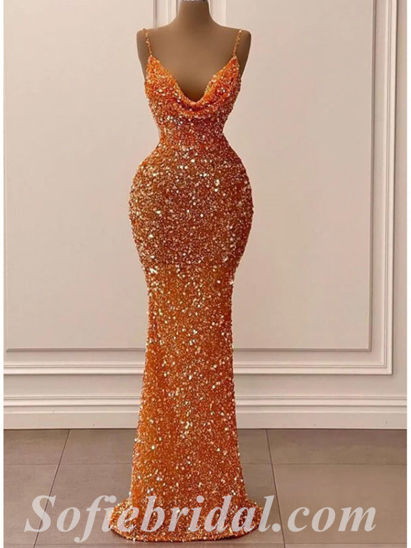Sexy Orange Sequin Spaghetti Straps Cowl Sleeveless Mermaid Long Prom Dresses,SFPD0499