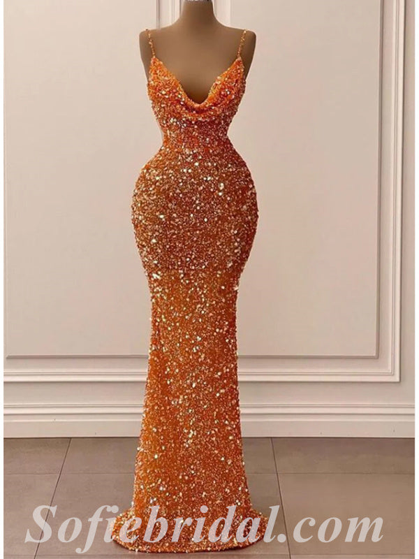Sexy Orange Sequin Spaghetti Straps Cowl Sleeveless Mermaid Long Prom – SofieBridal Sexy Orange Sequin Spaghetti Straps Cowl Sleeveless Mermaid Long Prom – SofieBridal