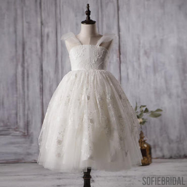 Ivory Cute Lace Tulle Flower Girl Dresses, V-back Cap Sleeve Little Girl Dresses, FG054