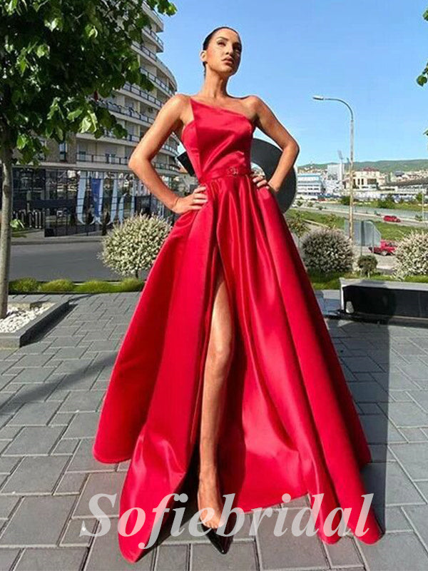 Sexy Satin Sweetheart Sleeveless Side Slit A-Line Long Prom Dresses With Belt,PD0798