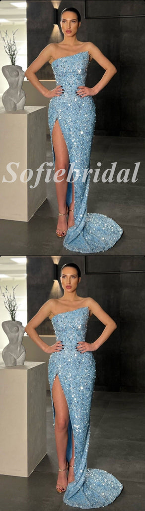 Sexy Sequin Sweetheart sleeveless Side Slit Mermaid Long Prom Dresses With Beading, PD0834