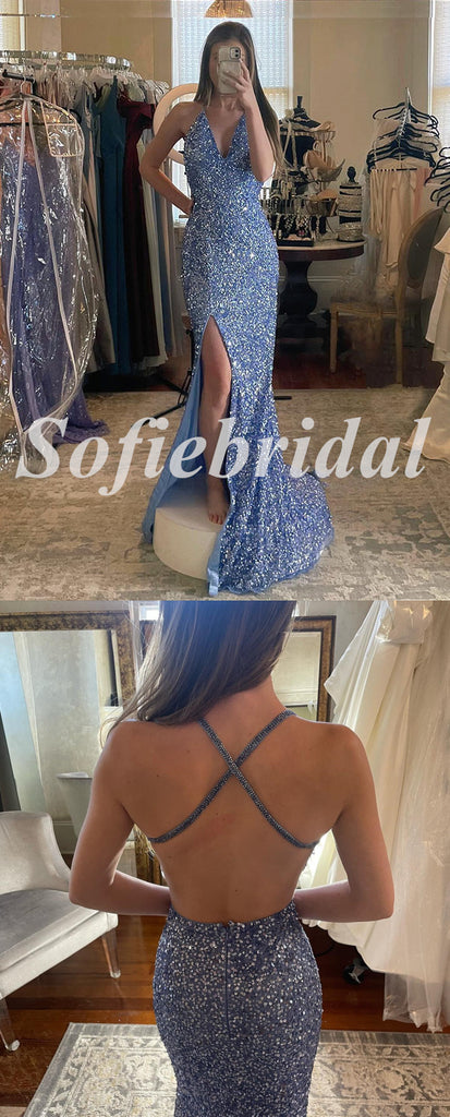 Sexy Sequin Spaghetti Straps V-Neck Sleeveless Criss Cross Side Slit Mermaid Long Prom Dresses, PD0854