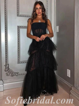 Sexy Black Tulle And Lace Spaghetti Straps Sleeveless A-Line Long Prom Dresses,SFPD0587